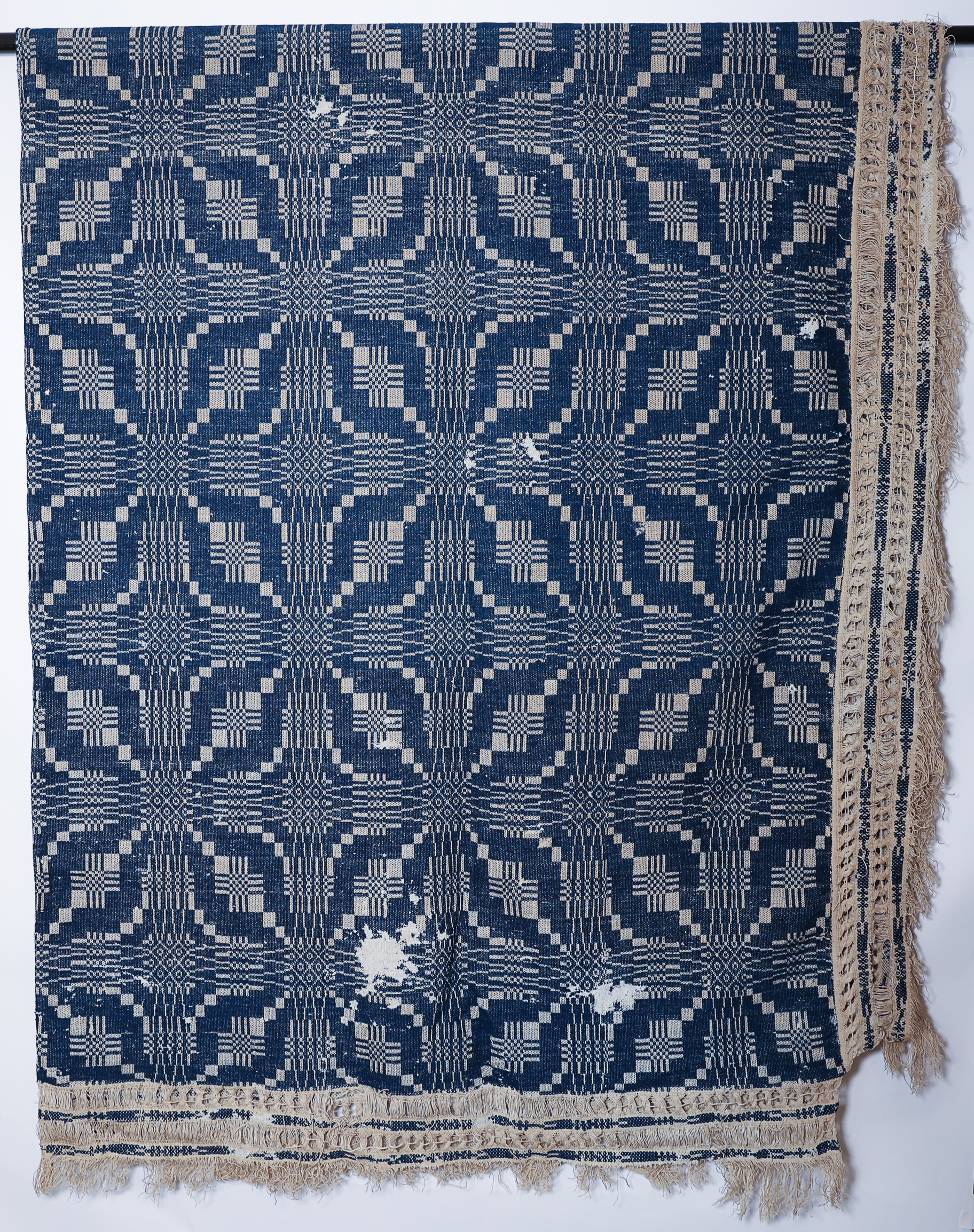 1800s Overshot Linen and Wool Coverlet